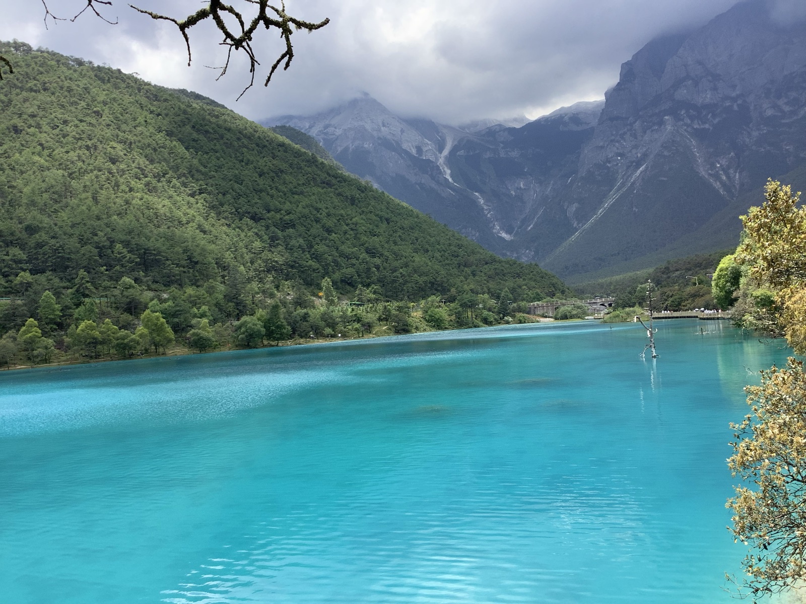 A bright turquoise lake below forested mountains