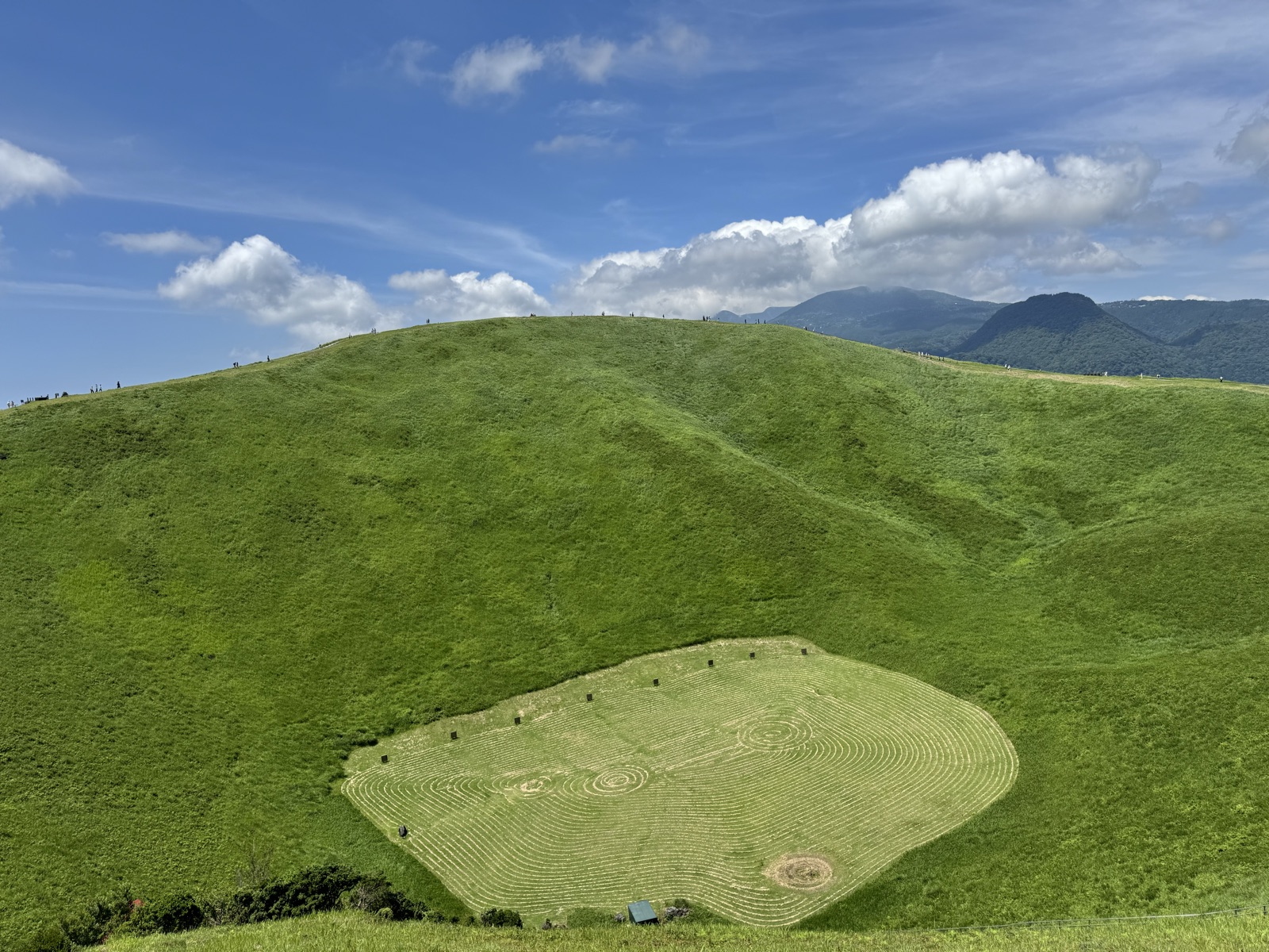 A grass-covered volcanic cone under a blue sky